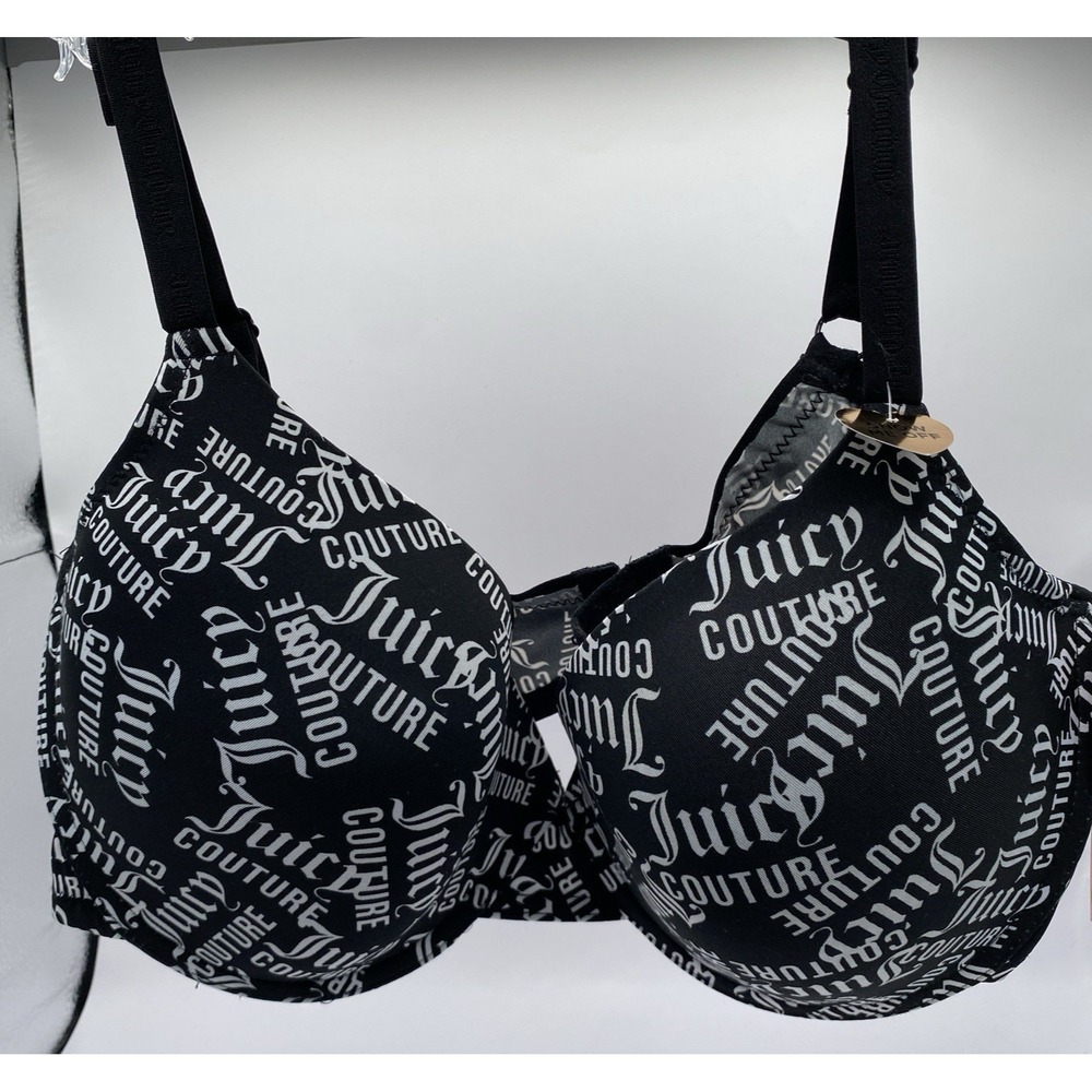 Juicy Couture Show Me Off Bra Size 40C Black Gray‎ Logo Print Underwire